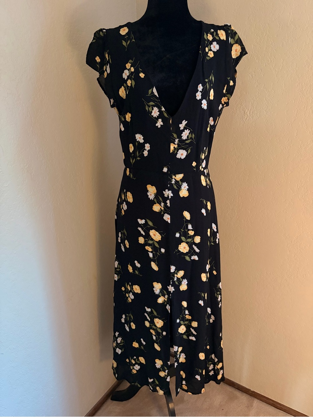 Reformation Wellfleet Dress Piazza Black Yellow Floral Midi Cutout Back Sz 12
